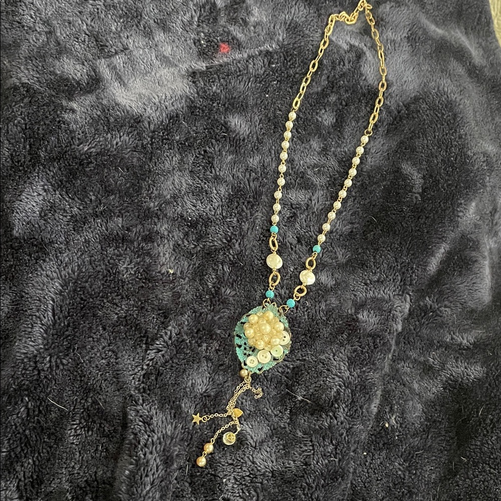 Gold and Turquoise Floral Pendant Necklace - Women Jewelry